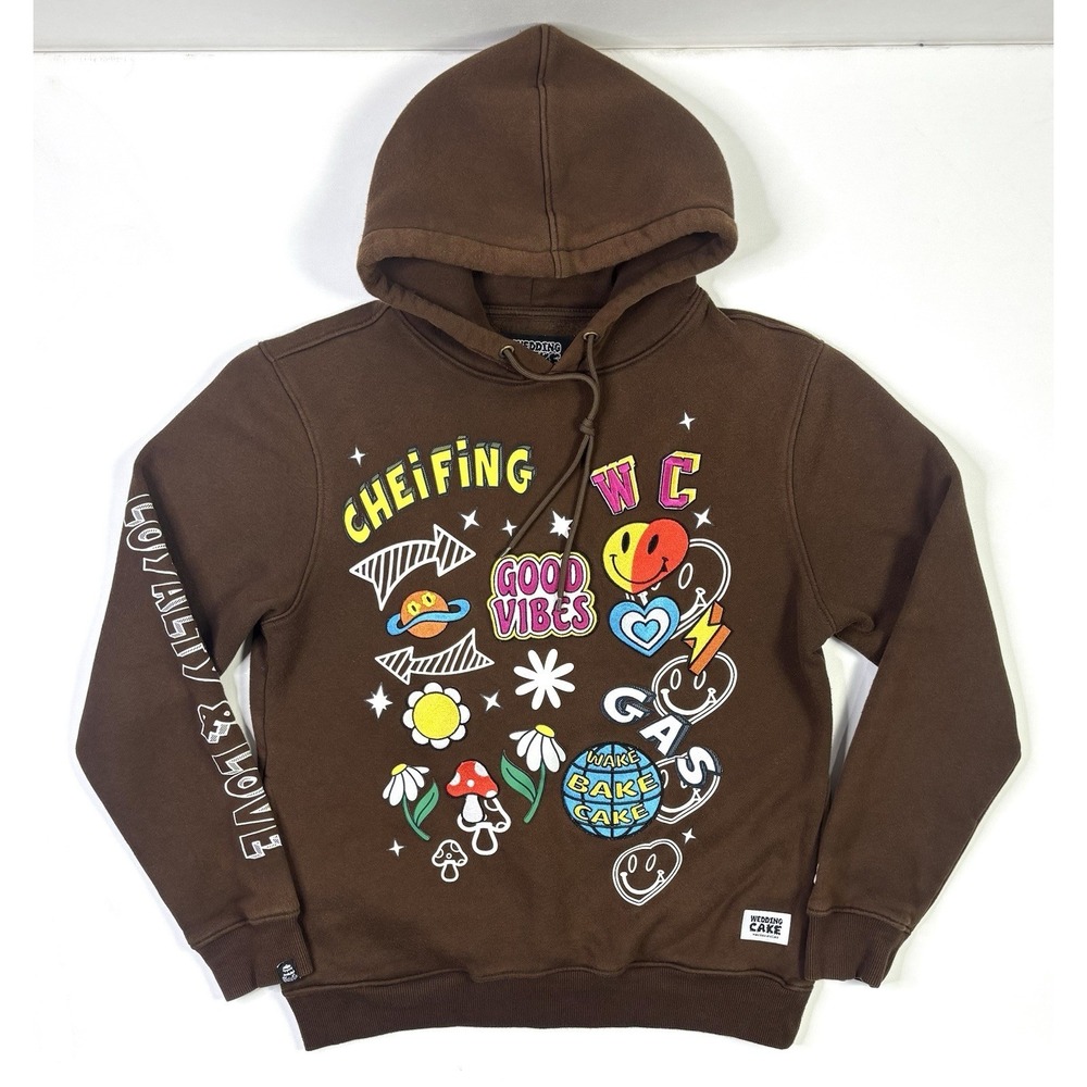 Wedding Cake Hoodie Mens Medium Wake Bake Cake Patches Brown Pullover Sweatshirt